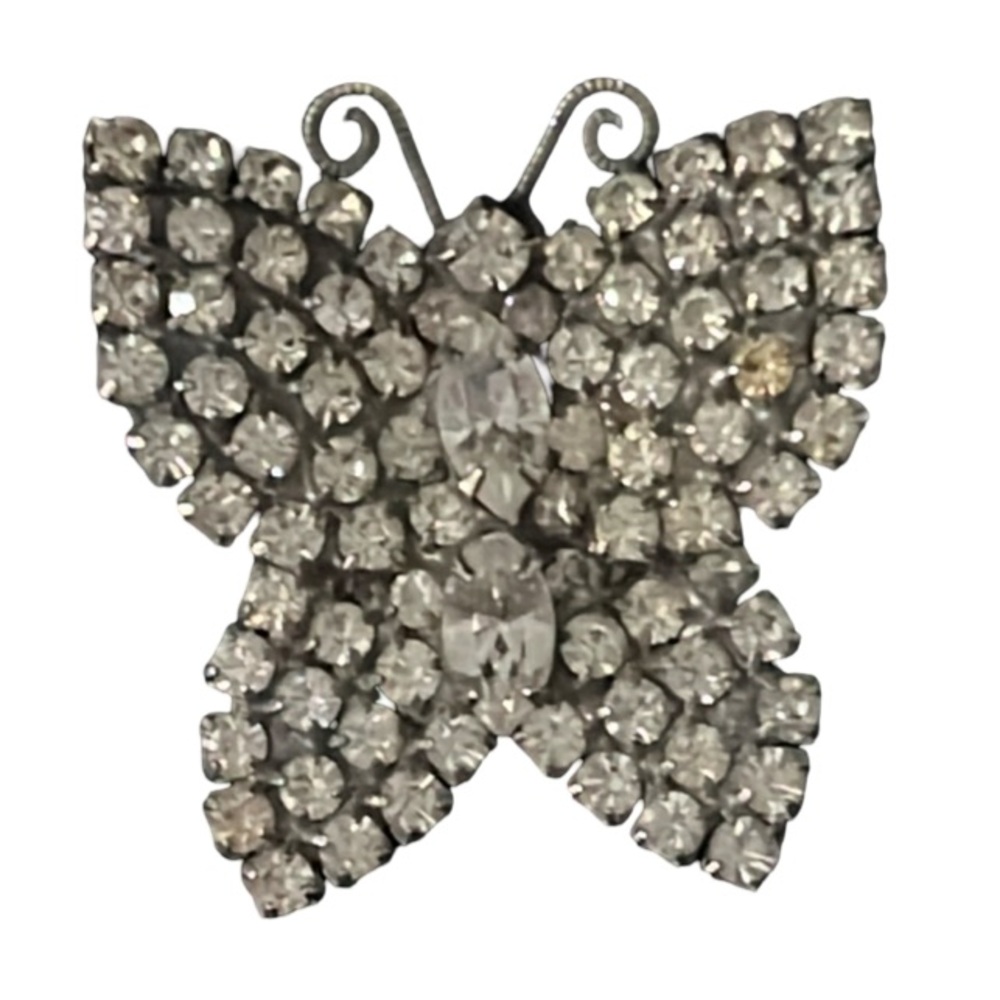 Vintage Art Deco Silver Plated Crystal Butterfly Brooch - Pendent